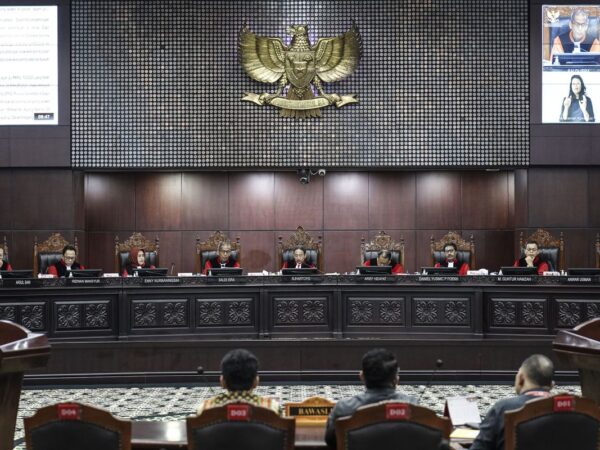 Chief constitutional Judge Suhartoyo (center) together with eight constitutional judges presided over the 2024 Pileg General Election Results dispute decision (PHPU) at the Constitutional Court (MK) building, Jakarta, Thursday (6/6/2024). The Constitutional Court held a verdict reading session for 37 cases of disputes over the results of the general election (PHPU) legislative election or 2024 Pileg disputes(ANTARA FOTO/Dhemas Reviyanto)